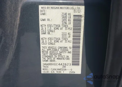 2012 Nissan Frontier Pro-4X from USA, damaged, VIN 1N6AD0EV1CC442623